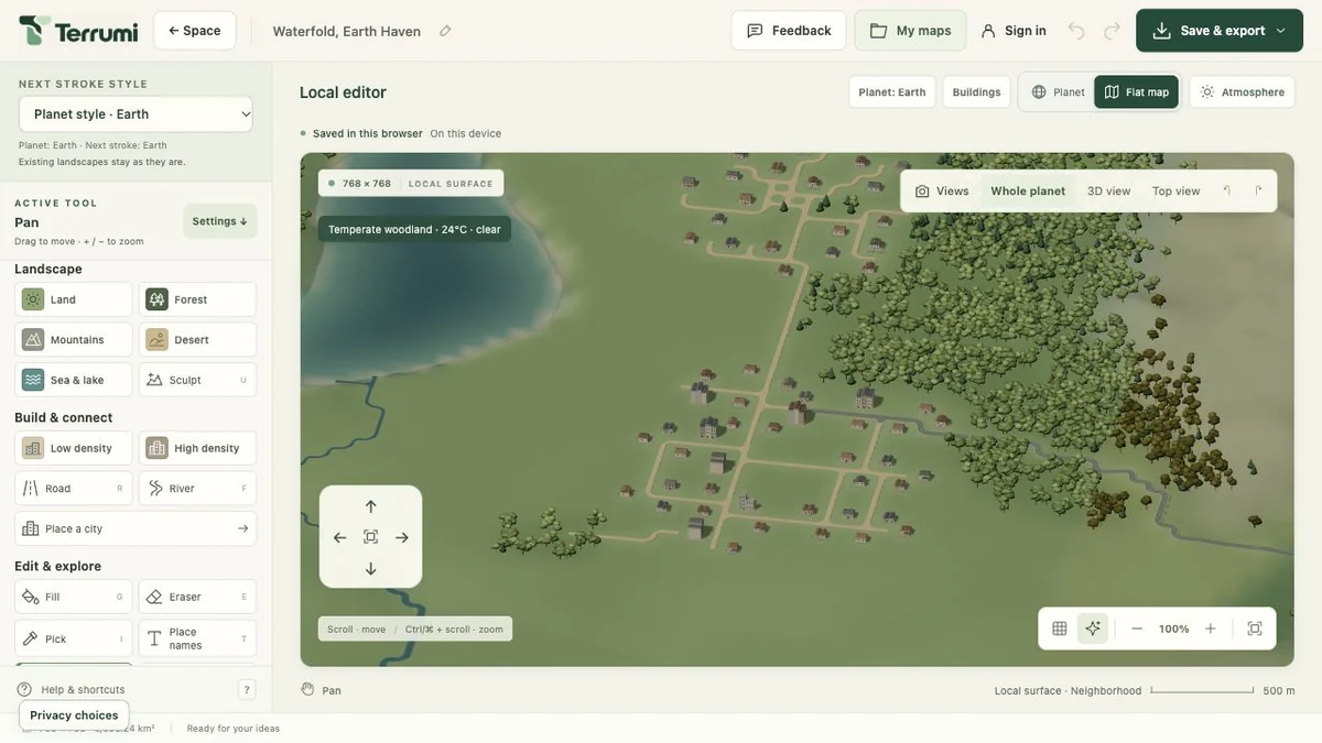 The current Terrumi editor open at Waterfold, with its tools beside the editable village.