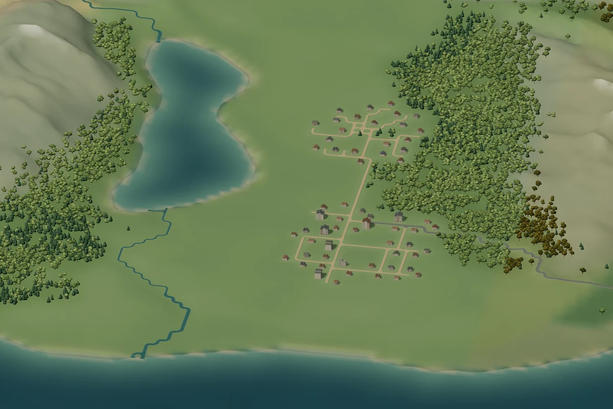 Waterfold: a connected village, woodland and lake sheltered by mountain ridges beside the coast.