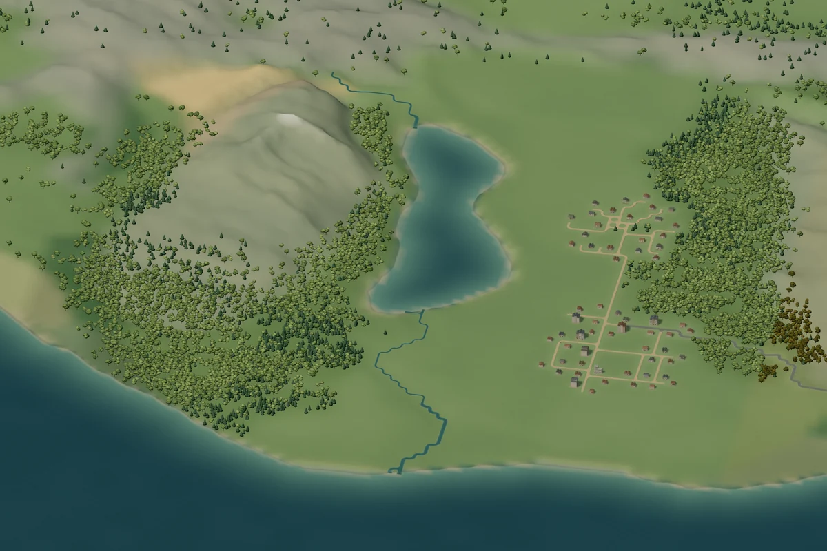 Wooded mountain ridges framing a glacial lake and its winding outlet to the coast.