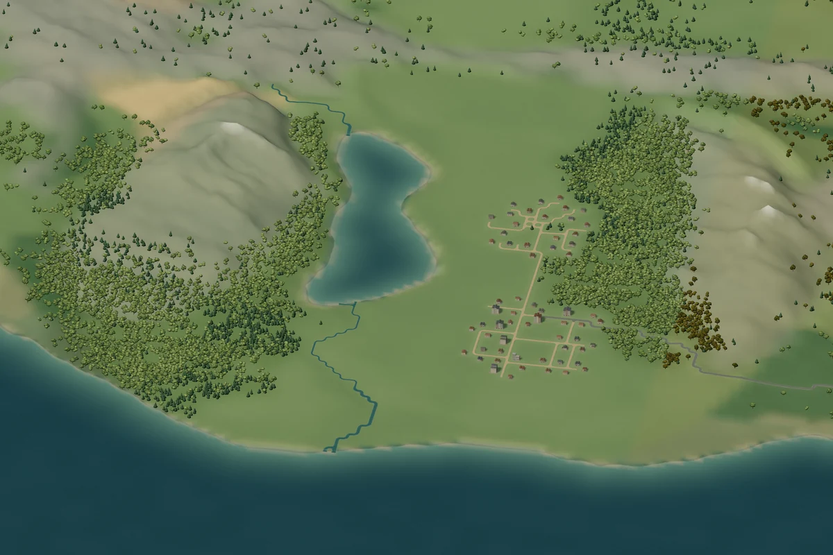 Waterfold coast, lake, woodland and settlement in the same Earth Haven world.